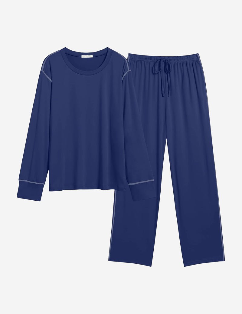 2-piece pajama set in navy blue solid color with drawstring waist, long sleeves