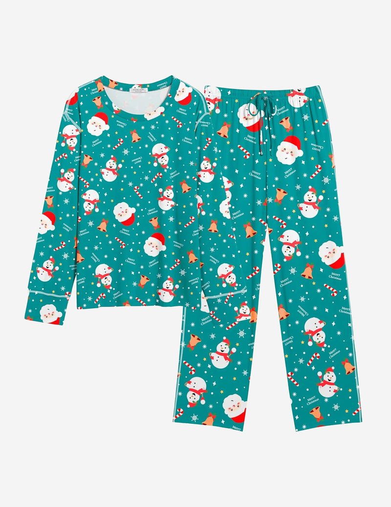 2-piece Christmas pajama set in teal green with snowman and candy cane print, long sleeves