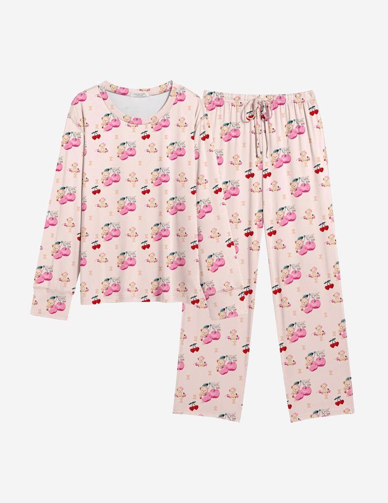 2-piece pajama set in light pink with cute bear and cherry graphic print, long sleeves
