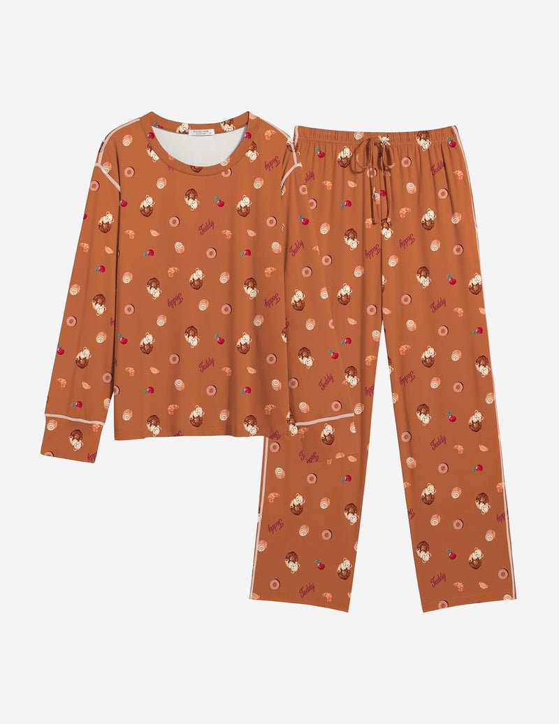 2-piece teddy pajama set in brown with teddy and candy graphic print, long sleeves