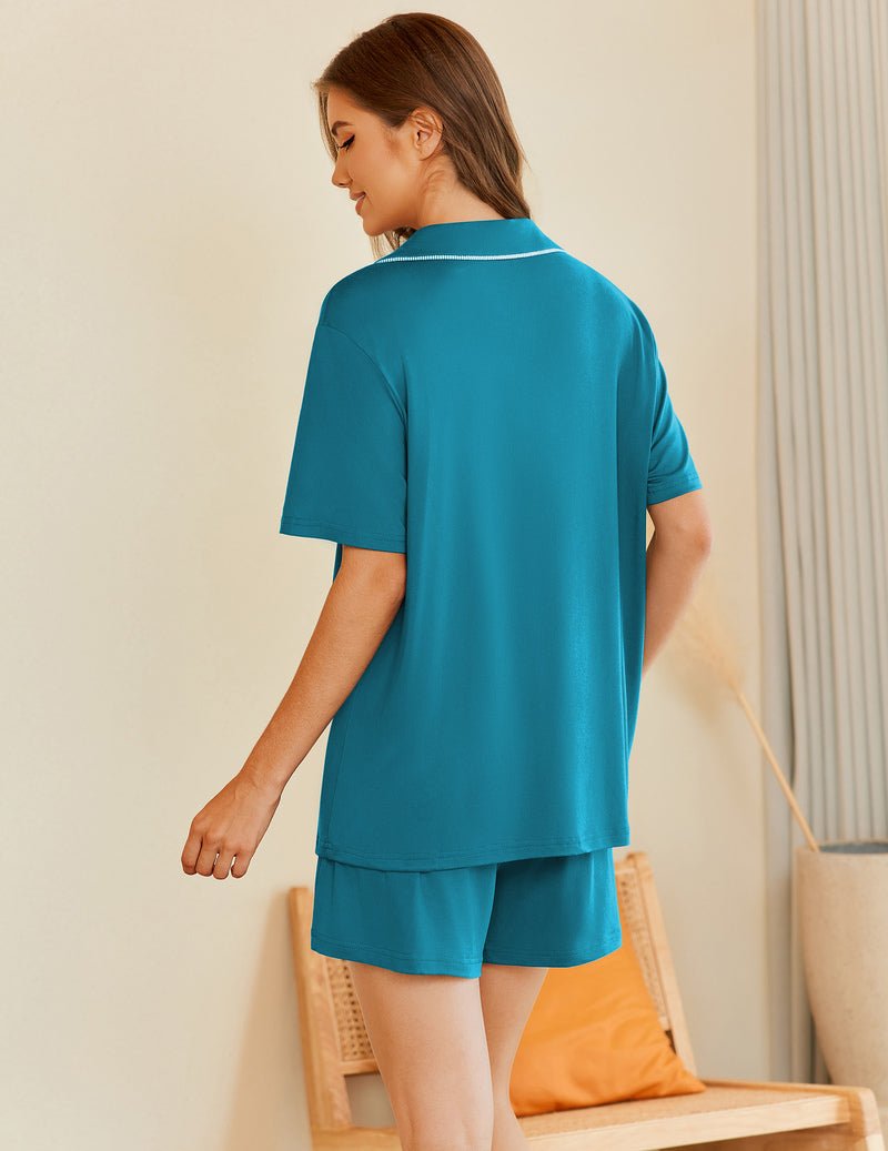 Teal button-front pajama set: short-sleeve top with matching shorts