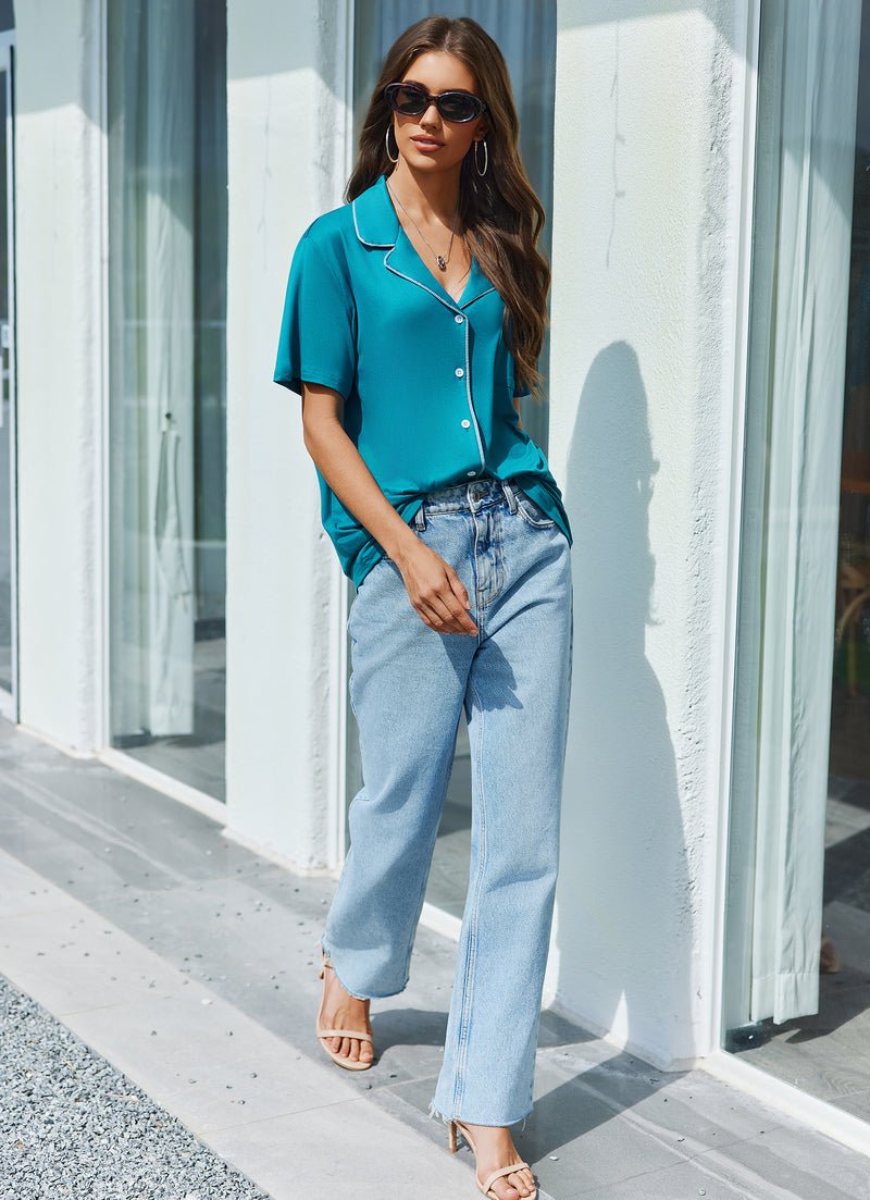 Teal short-sleeve pajama button shirt and elastic-waist shorts set