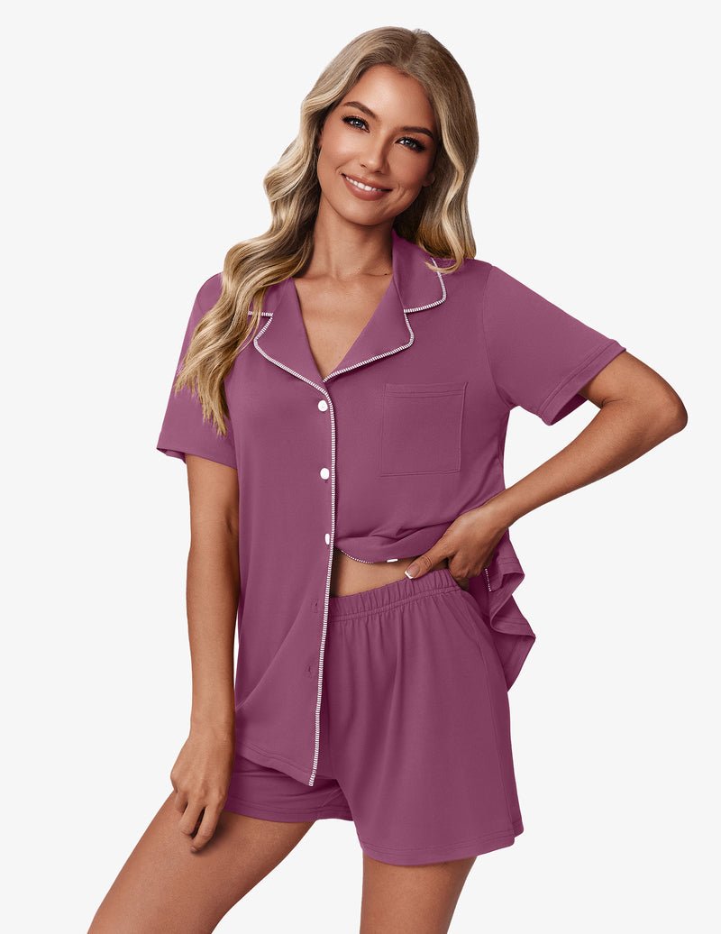 Purple button-front pajama top with piping trim and matching shorts
