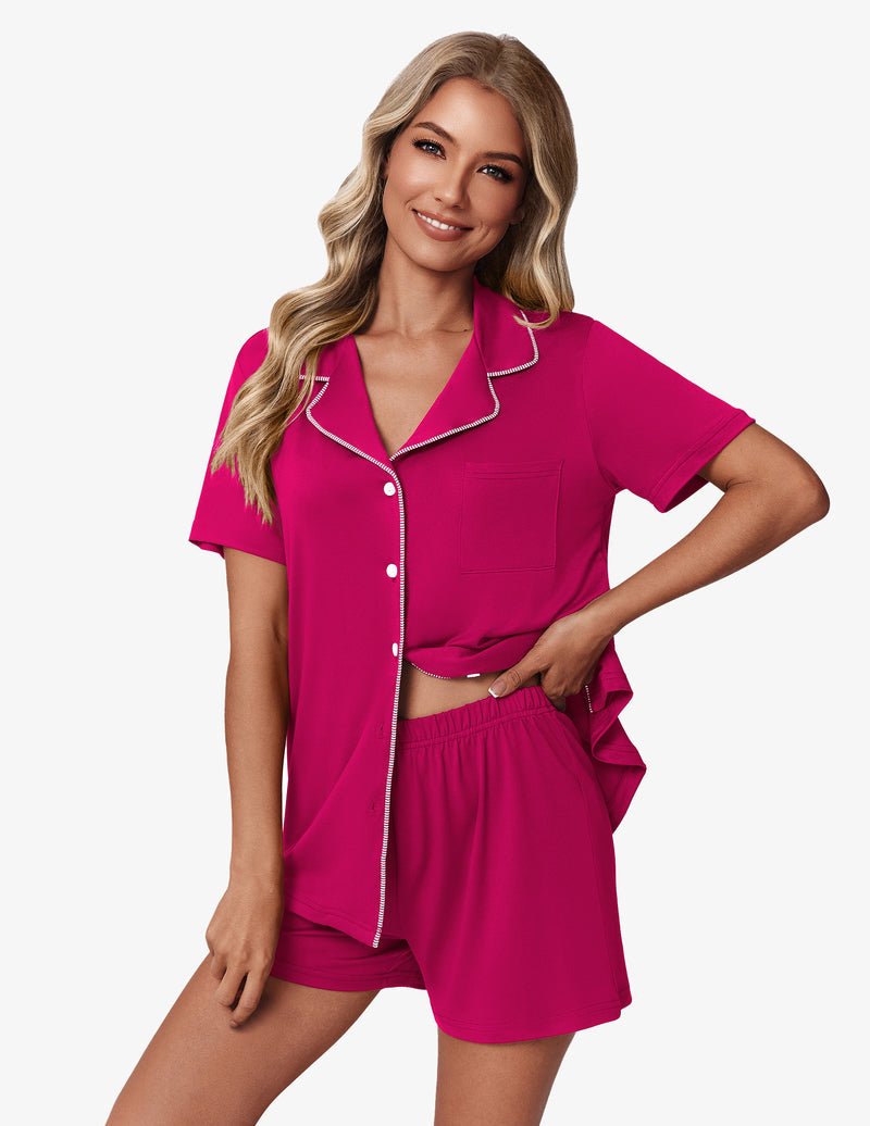 Pink Teddy-Pyjama-Set: Knopfhemd mit Revers, Shorts mit elastischem Bund