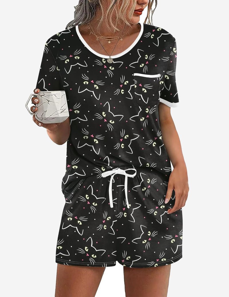 Black pajama set with teddy cat print, V-neck tee, and drawstring shorts