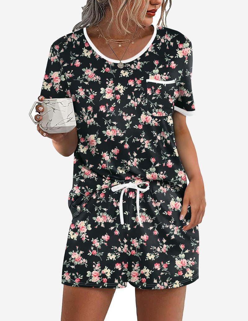 Black floral pajama set with V-neck tee and drawstring waist shorts