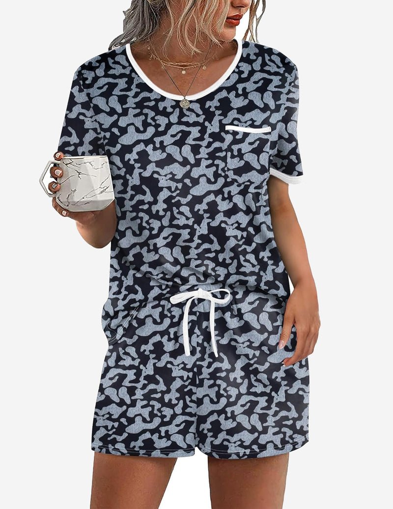 Navy and light gray animal print pajama set with pocket tee and drawstring shorts