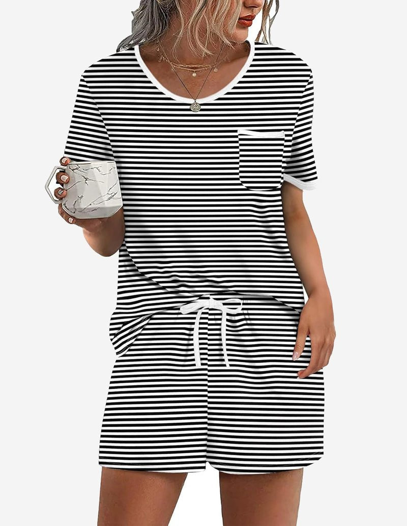 Black-and-white striped pajama set with pocket tee and drawstring waist shorts
