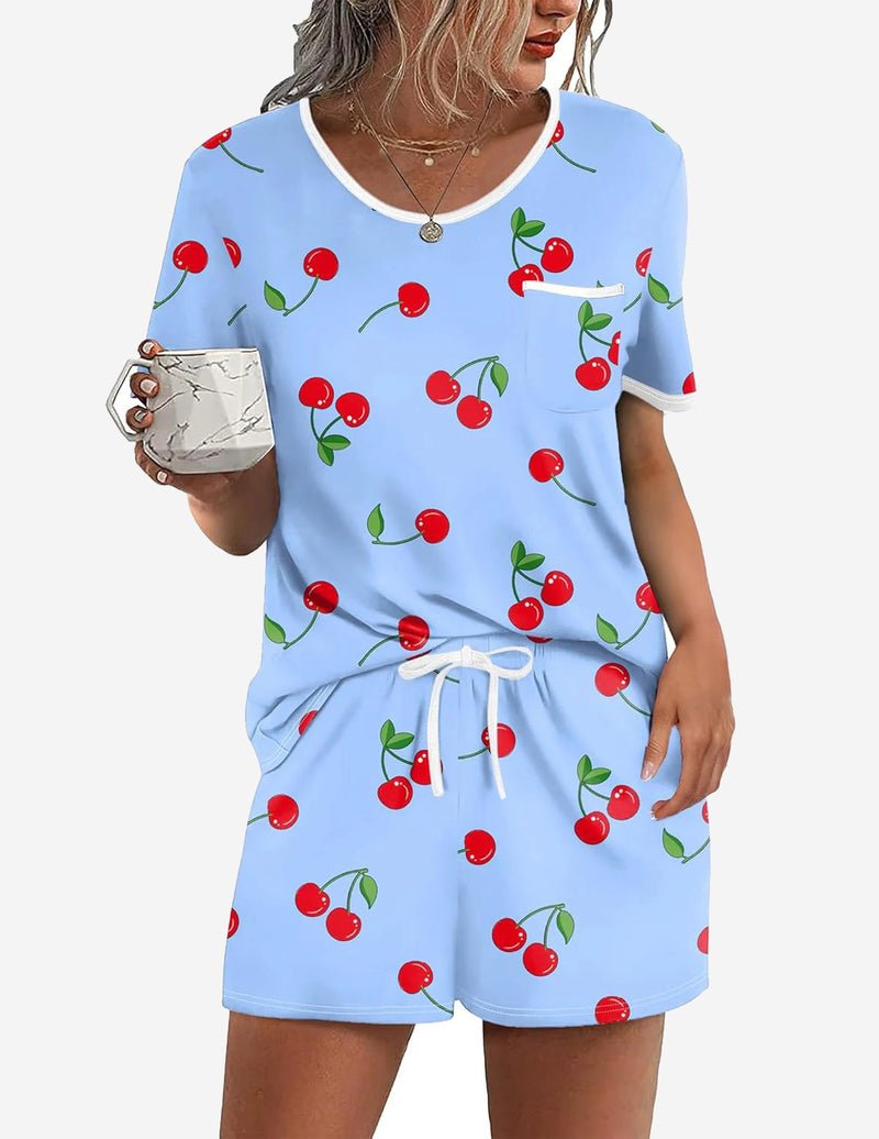 Light blue cherry print pajama set with pocket tee and drawstring shorts