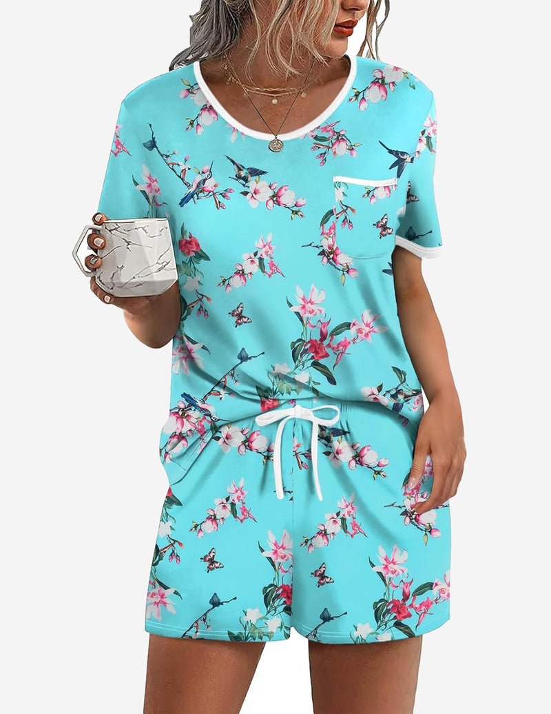 Turquoise floral and bird pajama set with pocket tee and drawstring shorts