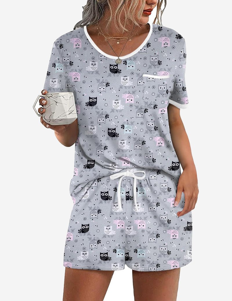 Light gray cat print pajama set with pocket tee and drawstring waist shorts