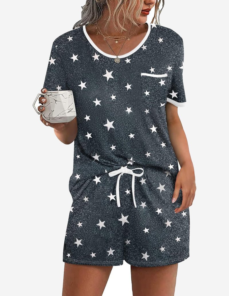 Dark blue star print pajama set with pocket tee and drawstring waist shorts