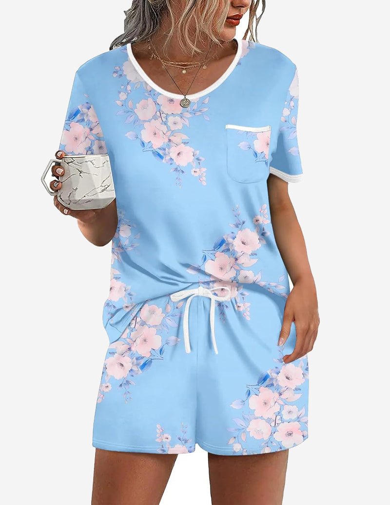 Light blue floral pajama set with pocket tee and drawstring shorts