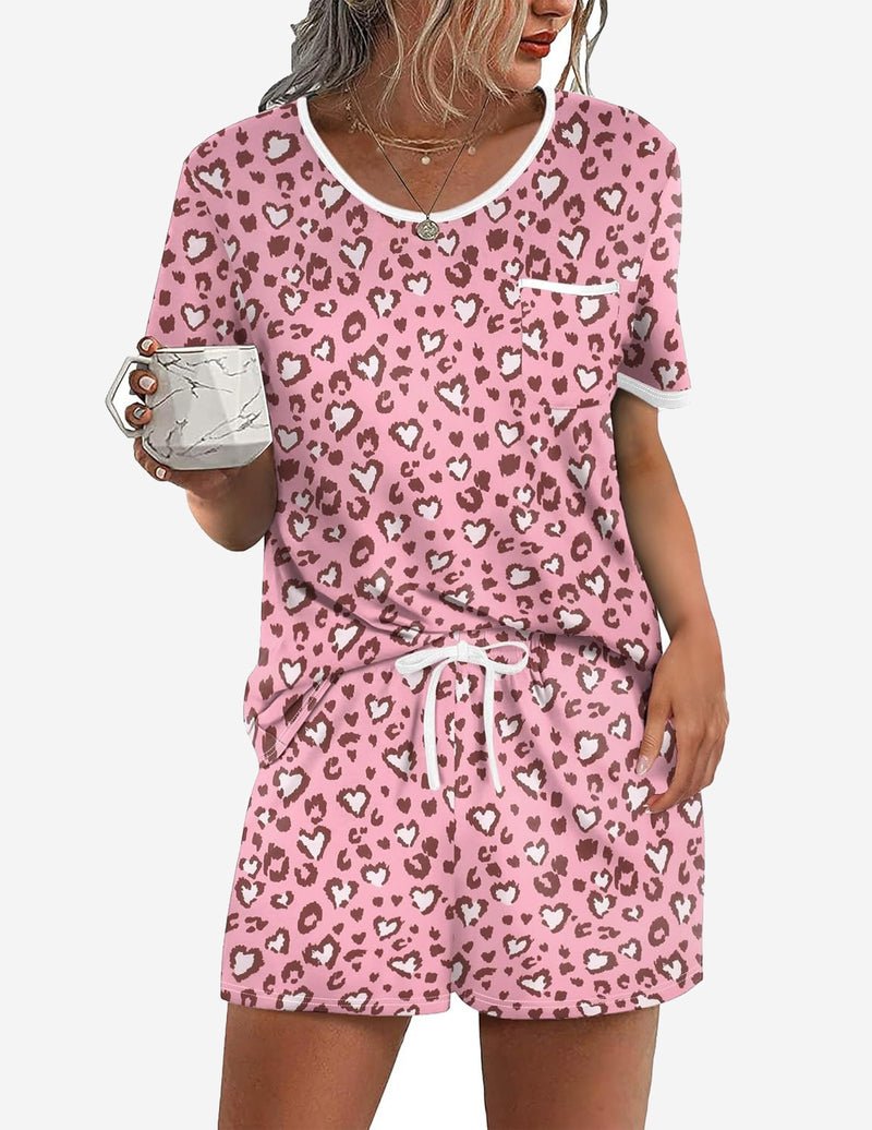 Teddy-Print Schlafanzug-Set, rosa mit Herzen/Leopard-Muster, Rundhalsausschnitt & Shorts
