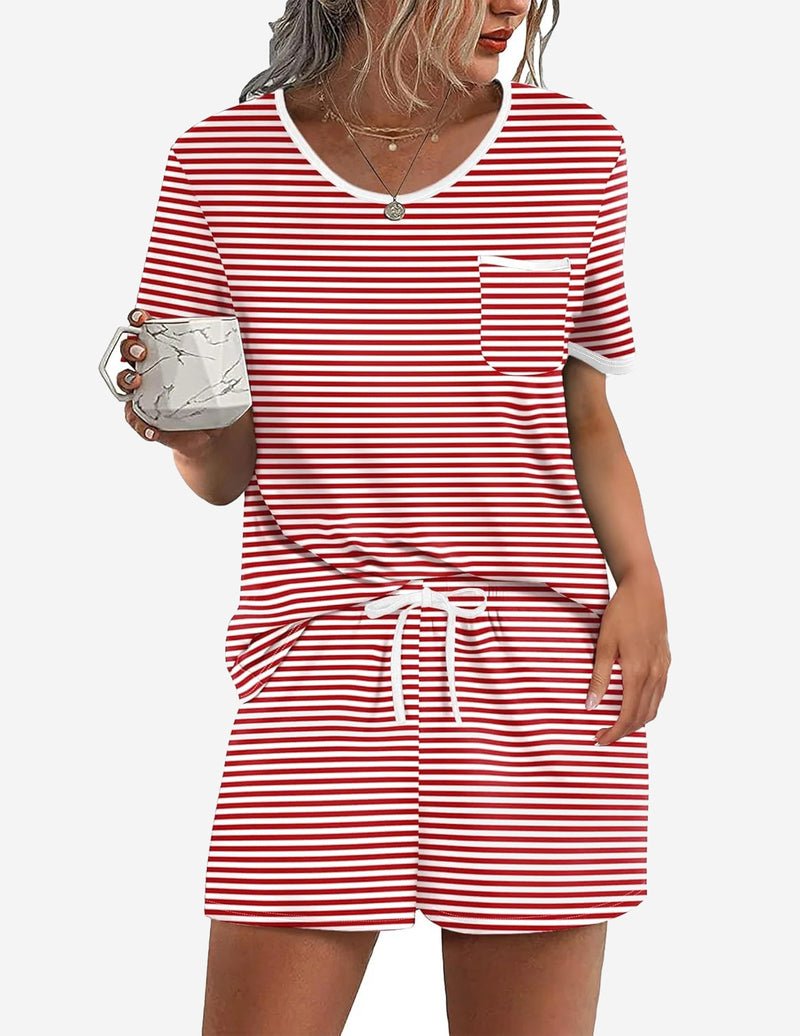 Teddy-Print Schlafanzug-Set, rot-weiß gestreift, Brusttasche, Tunnelzug an den Shorts