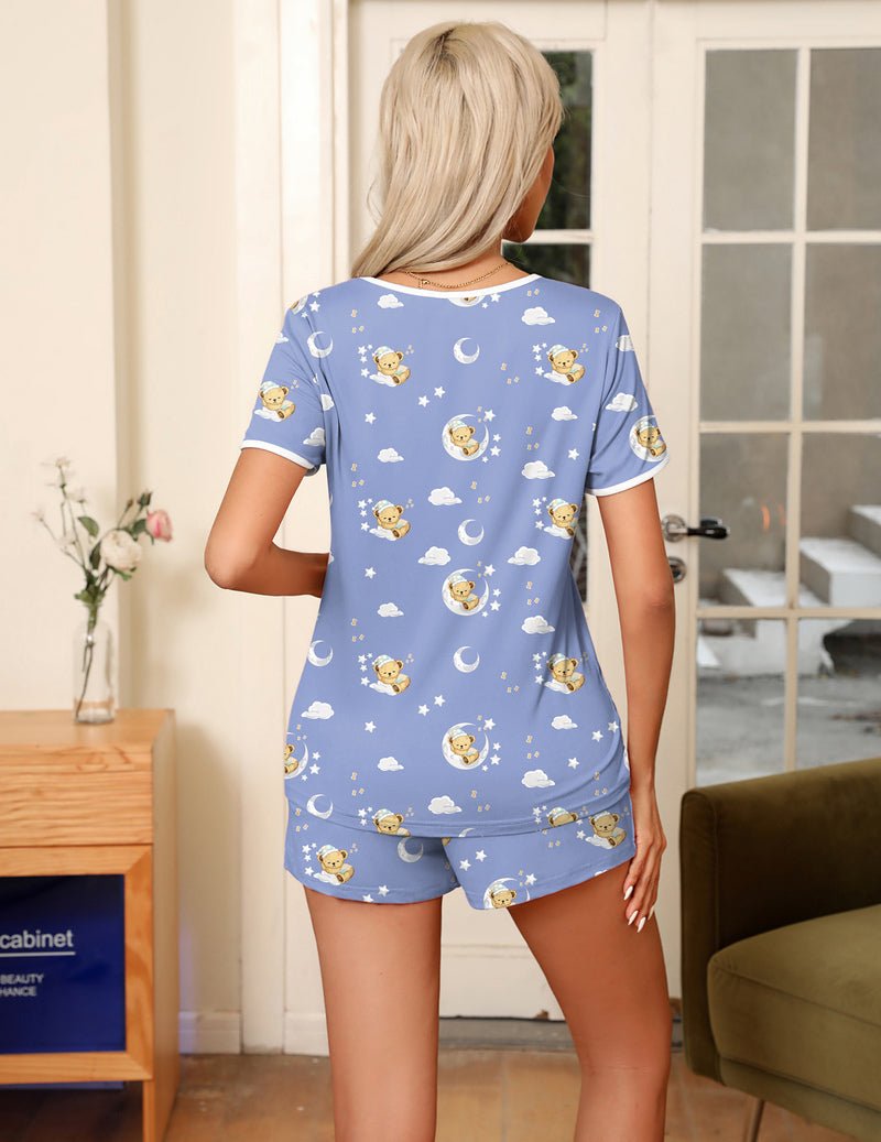 Blue teddy print pajama set from back: short-sleeve top and matching shorts