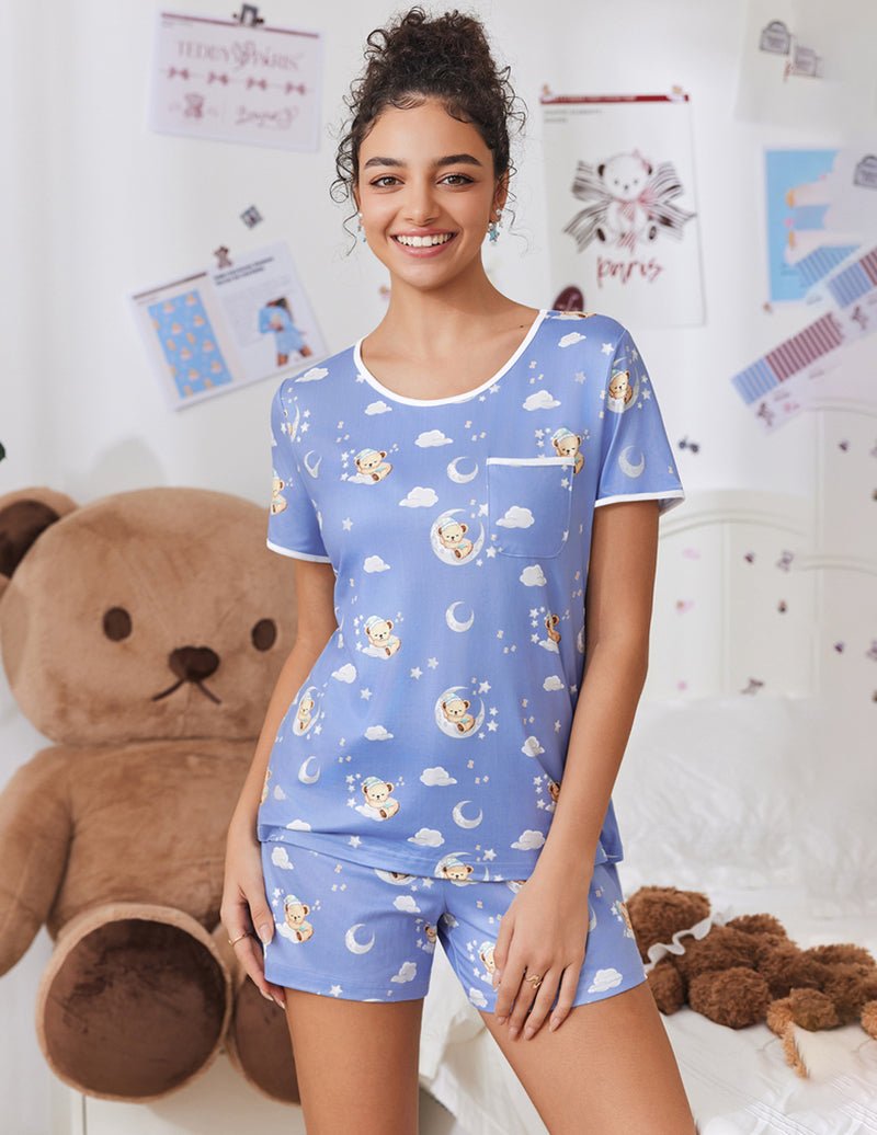 Blue teddy print pajama set: short-sleeve top and matching shorts