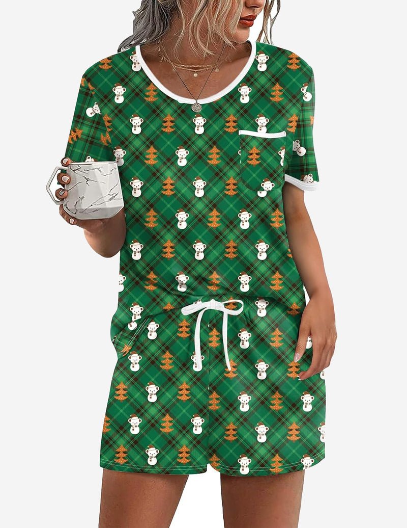 Zweiteiliges Pyjama-Set mit Teddy- und Tannenmotiv, grünes Karomuster, Shorts & Oberteil