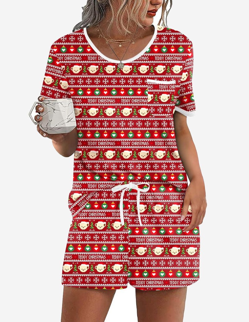 Zweiteiliges Pyjama-Set mit Teddy-Weihnachtsmuster, rotes Karos-Design, T-Shirt & Shorts