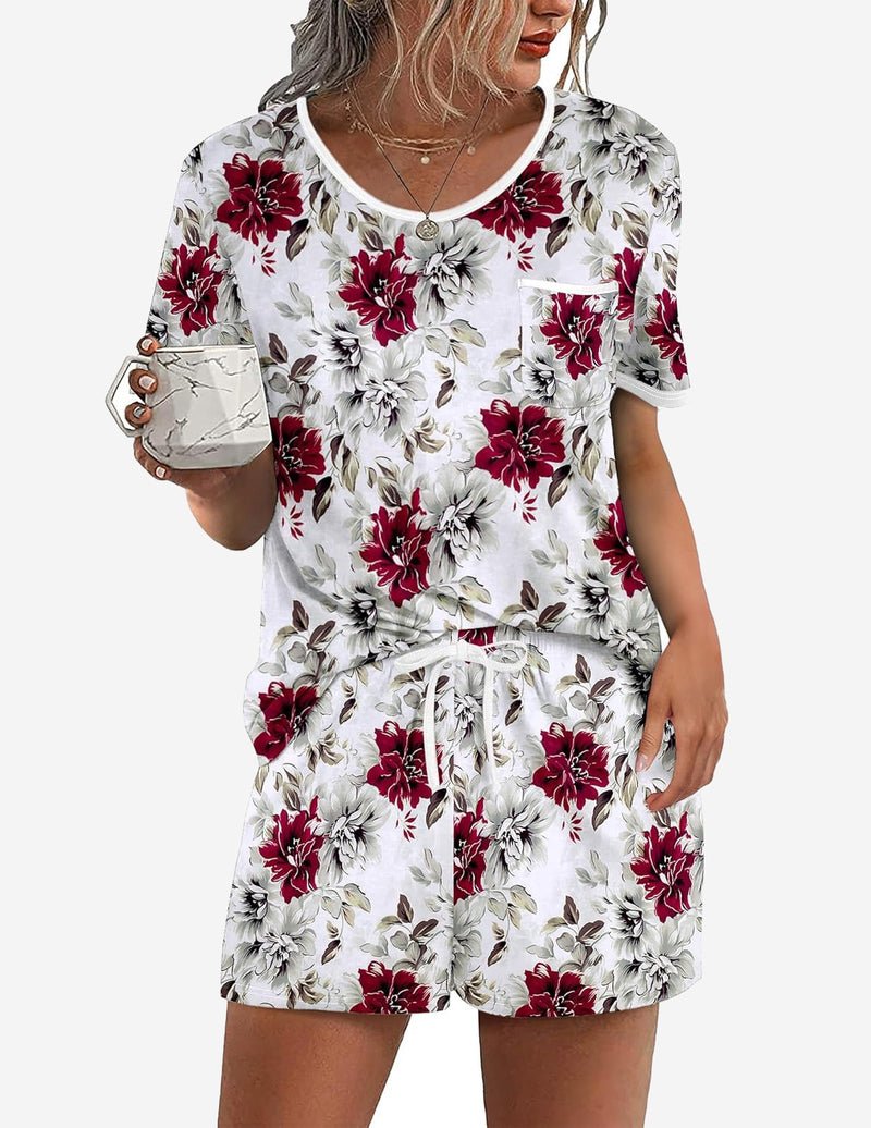 Teddy-Print Schlafanzug-Set, weiß mit roten Blumen, Rundhals und Kordel-Shorts