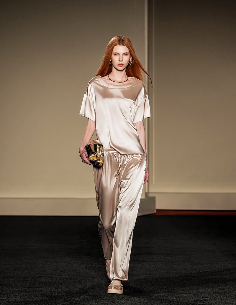 Satin pajama set, champagne: square-neck short-sleeve top and matching long pants