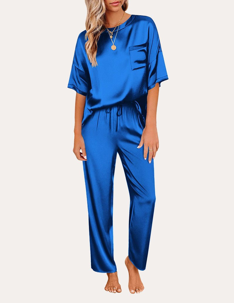 Blaues Satin-Pyjama-Set: Kurzarmshirt mit Brusttasche, elastische Taille, lange Hose
