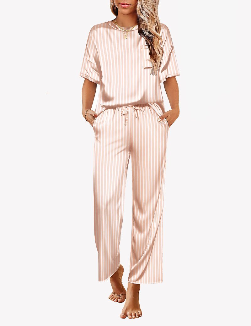 Champagne striped satin pajama set, short-sleeve top with drawstring waist long pants