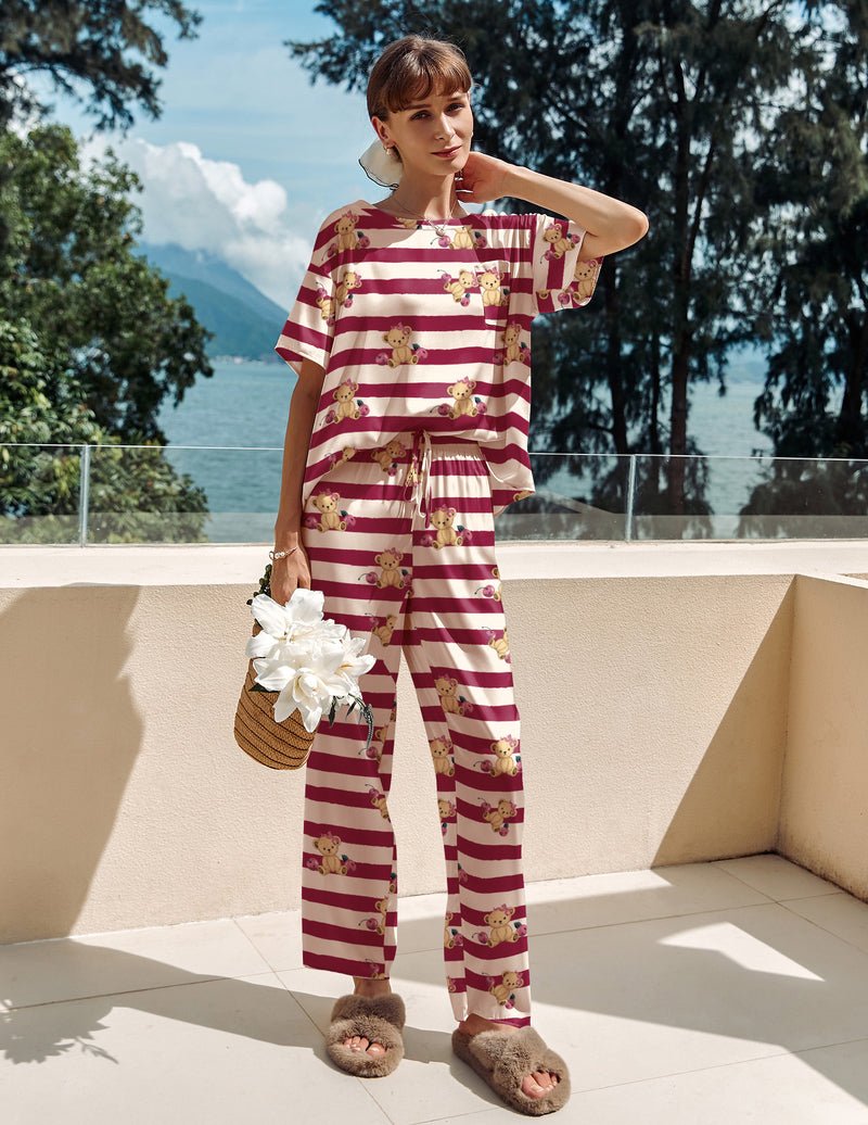 Striped teddy pajama set: short-sleeve top and long drawstring pants in burgundy/cream