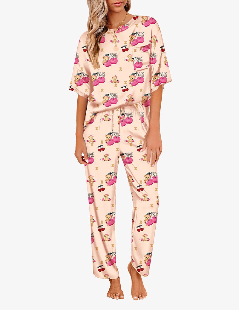 Pink teddy-print pajama set: crew-neck short-sleeve top with drawstring pants