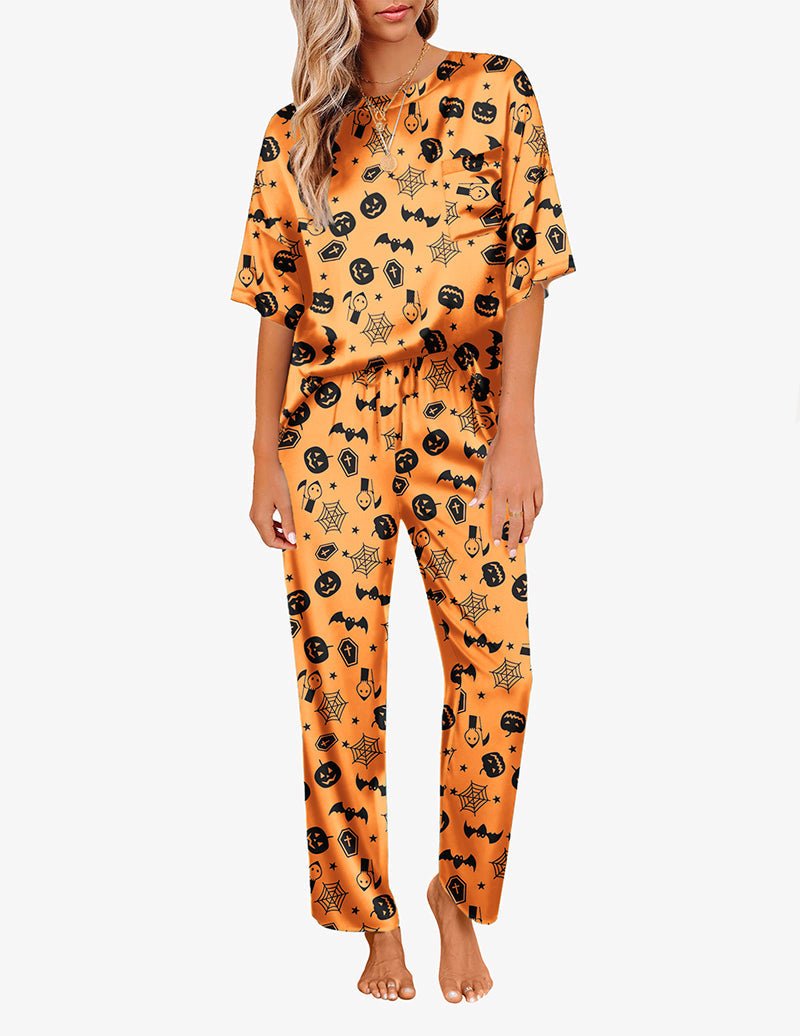 Orange Halloween-Satin-Pyjama-Set mit Druck: Kurzarmshirt mit Kordelzughose, weites Bein