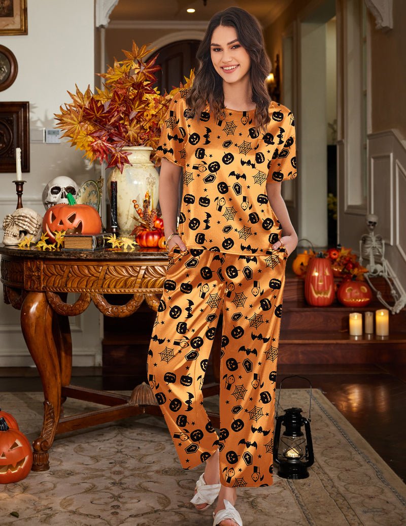 Women’s satin pajama set in Halloween print, short-sleeve top with drawstring waist pants