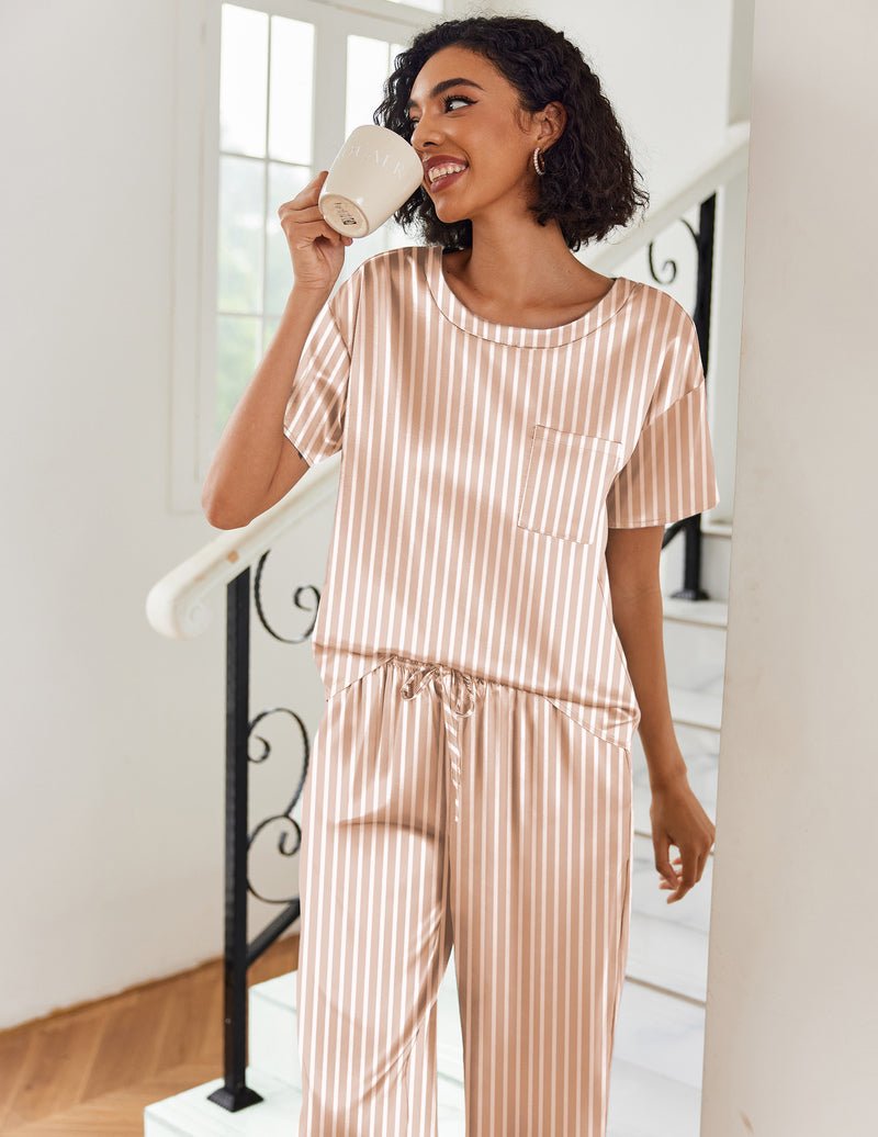 Champagne striped satin pajama set with short sleeves and matching striped trousers