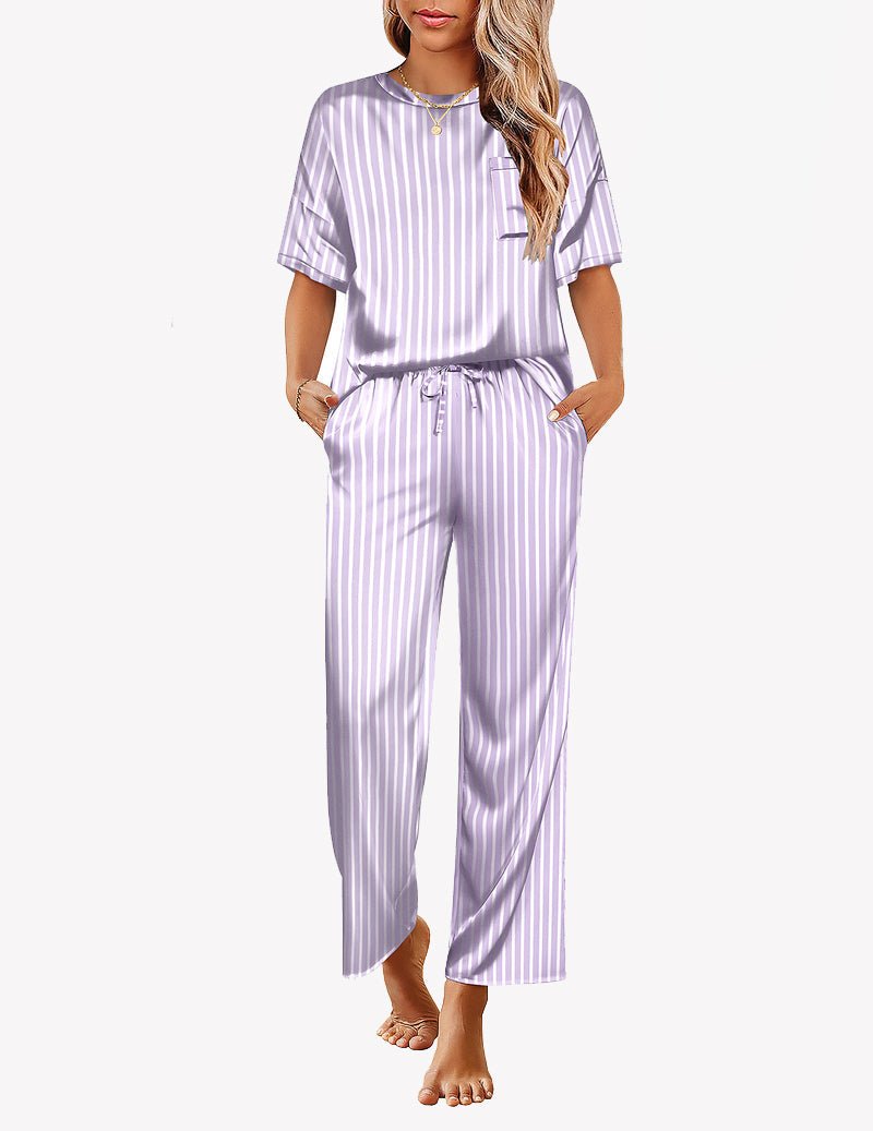 Light purple striped satin pajama set, short-sleeve top and drawstring-waist long pants