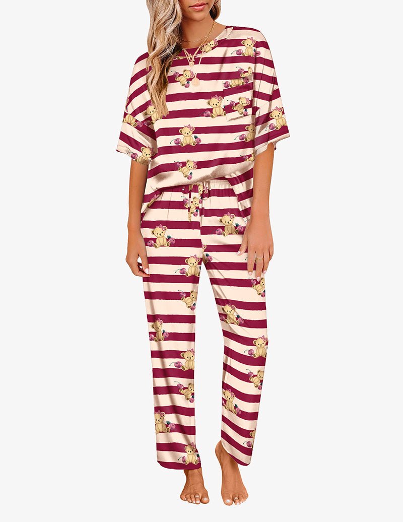 Burgundy-and-cream striped teddy pajama set: top with drawstring waist pants