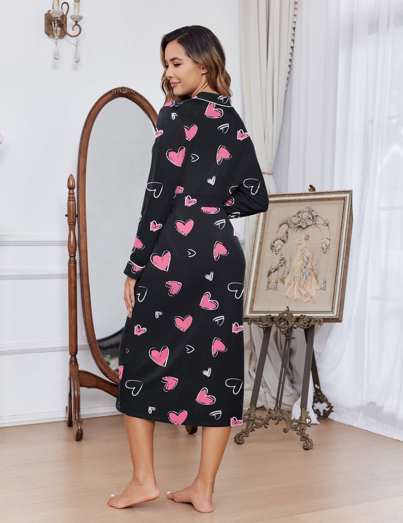Lightweight black bathrobe with scattered pink heart print, tie belt, shawl collar, long sleeves