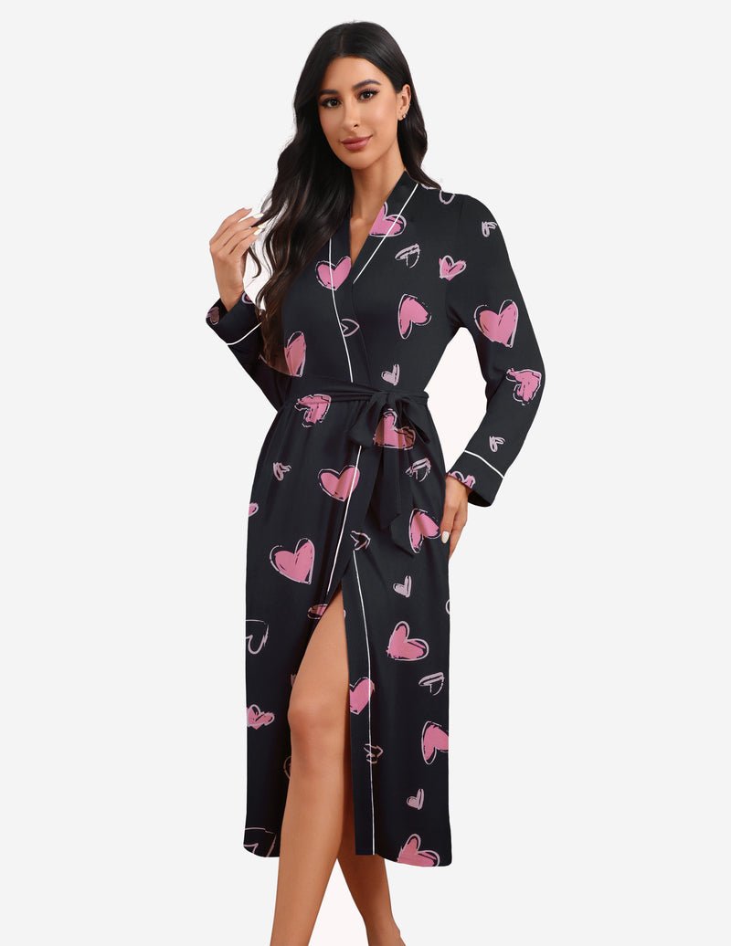 Lightweight bathrobe with pink heart print, black base, tie belt, shawl collar, long sleeves