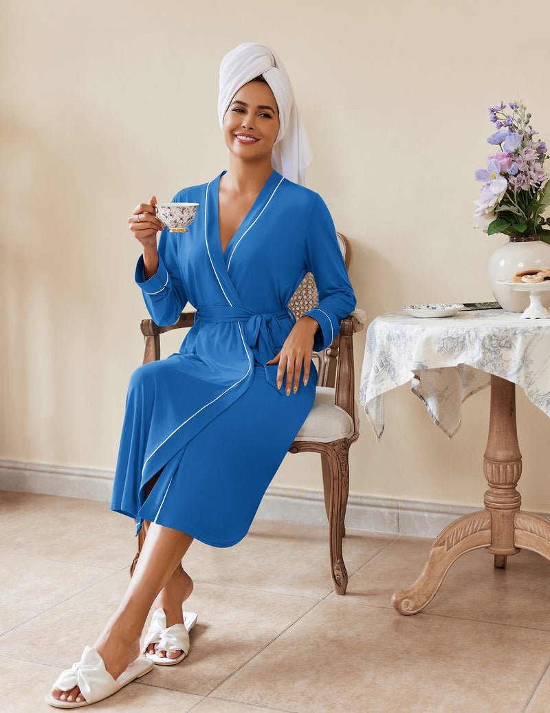 Blue lightweight bathrobe with tie belt, shawl collar, long sleeves, front wrap styling
