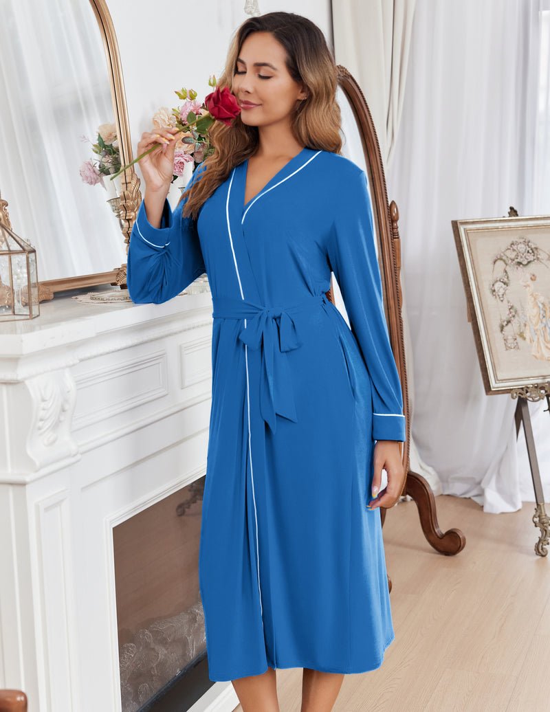 Blue lightweight bathrobe with tie waist and white-trim piping, long sleeves, front slit