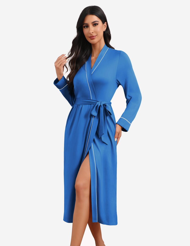 Lightweight blue bathrobe with tie waist, shawl collar, long sleeves, front slit