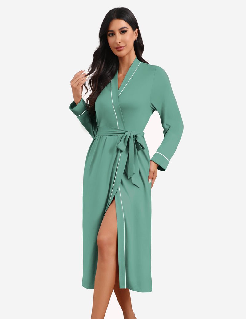 Teal solid lightweight knit robe with tie belt, V-neck, long sleeves and side slit