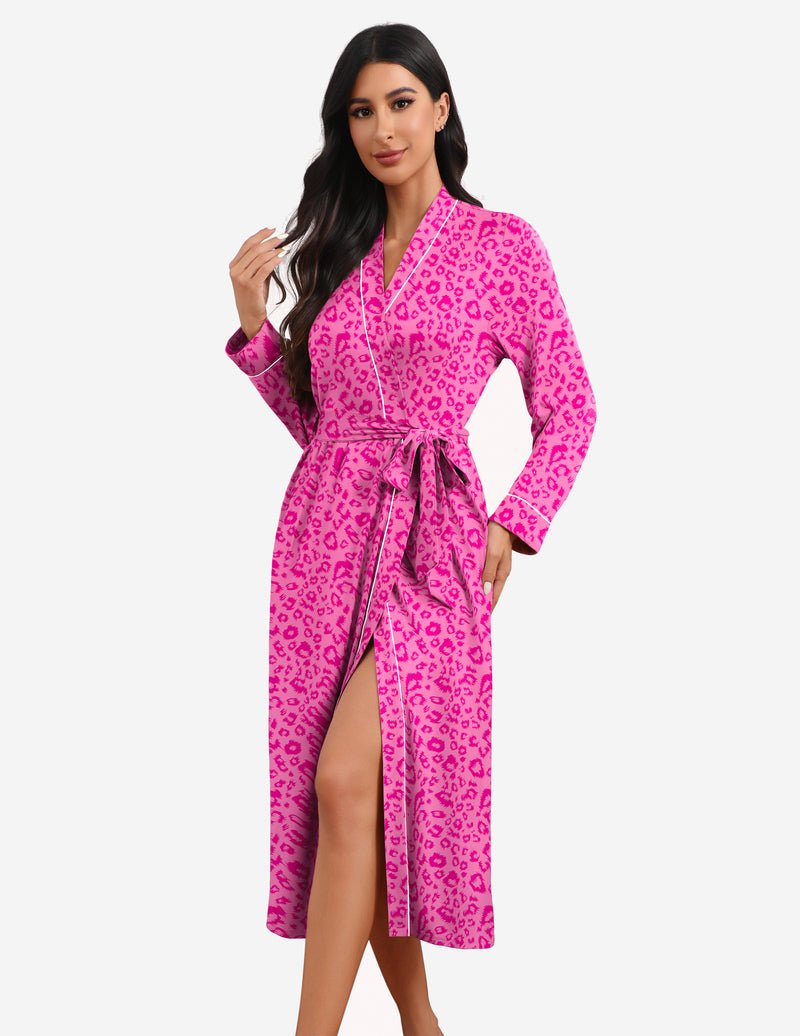 Hot pink leopard-print robe with V-neck wrap, contrast piping, tie belt, long sleeves