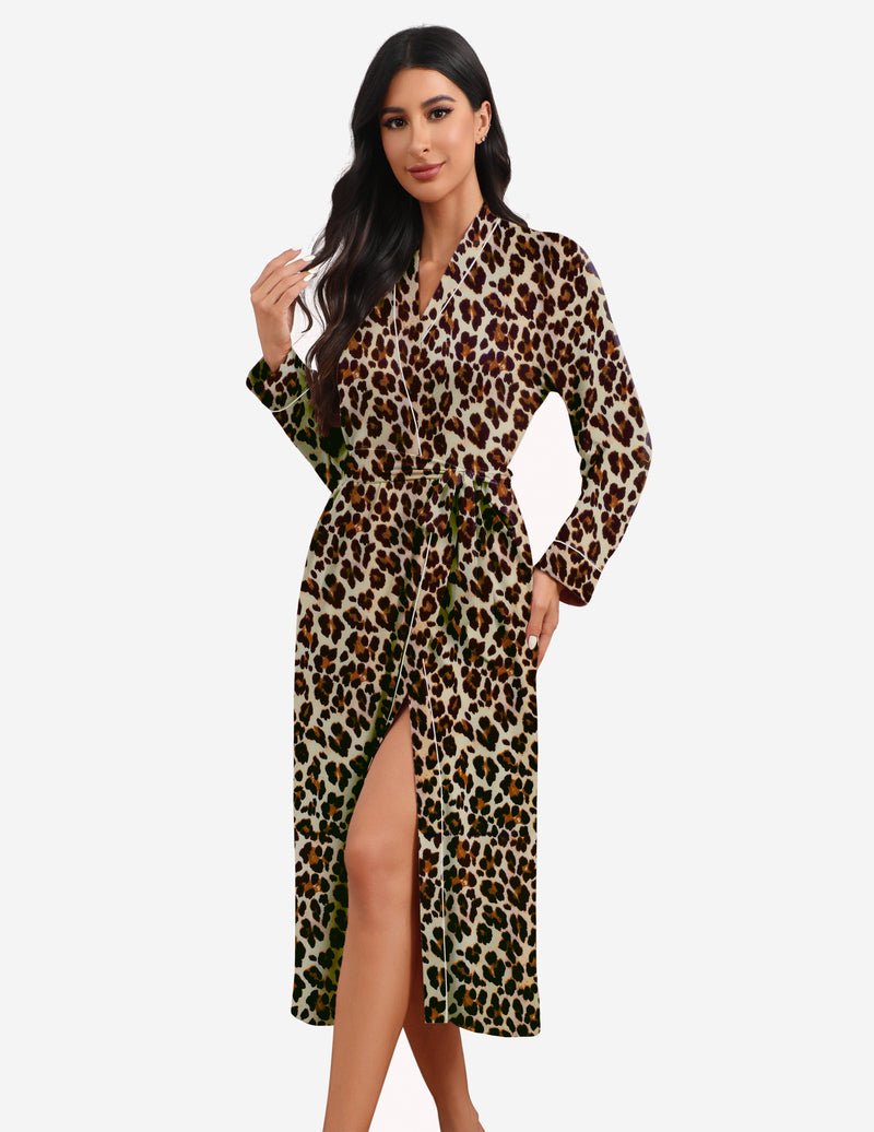 Leopard print robe with green accents, V-neck wrap, long sleeves, waist tie belt, slit