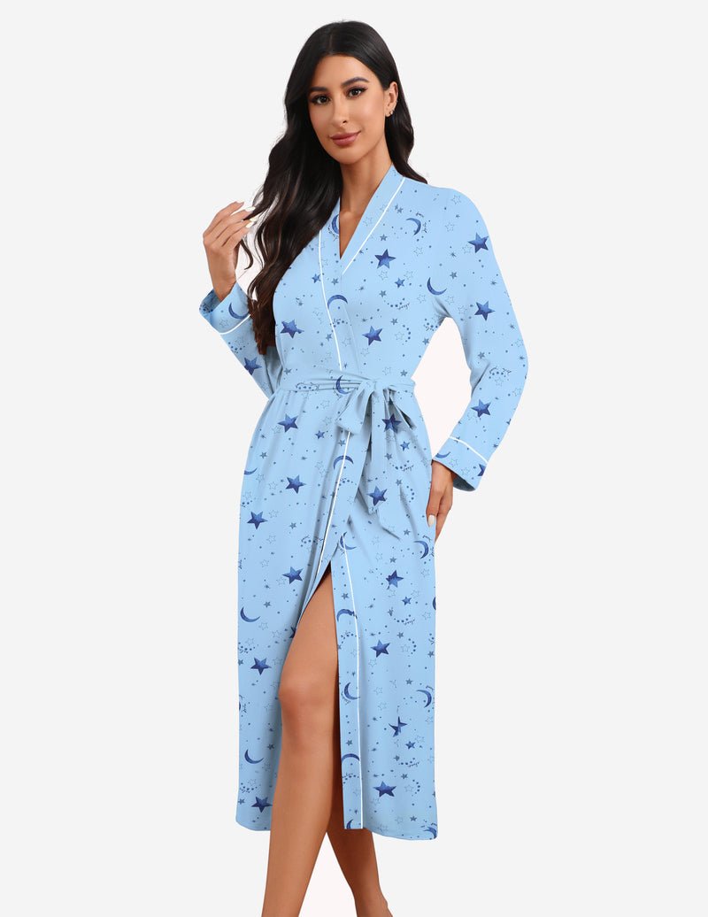 Light blue star and moon teddy knit robe with tie belt, V-neck, long sleeves