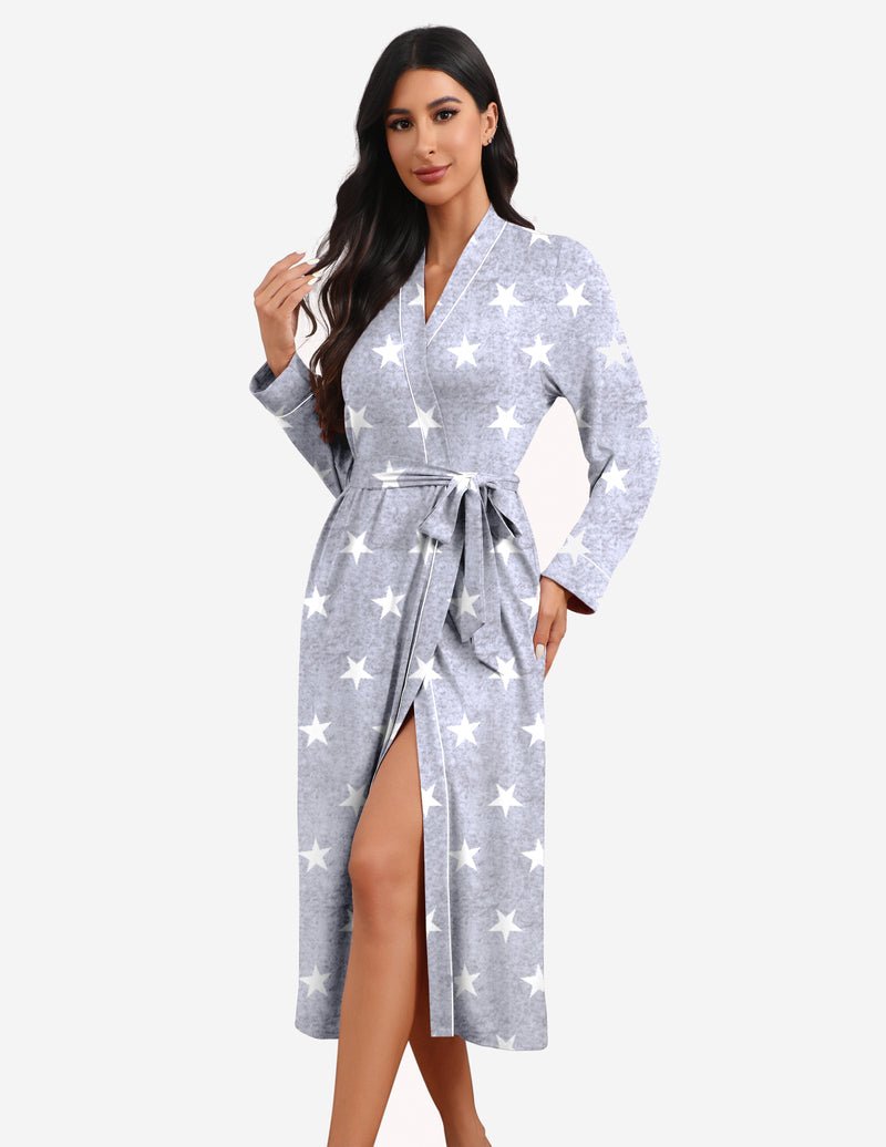 Light gray star-pattern teddy knit bathrobe with tie belt, V-neck, long sleeves