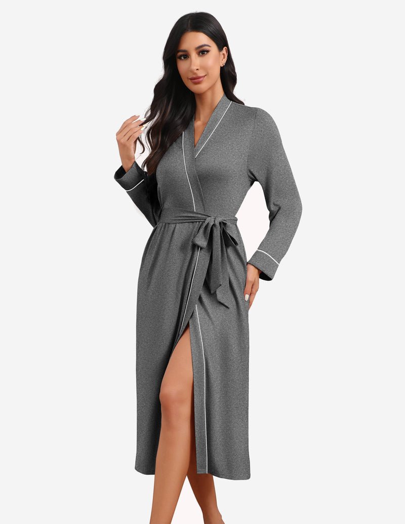 Gray solid teddy knit bathrobe with tie belt, V-neck, long sleeves and front slit