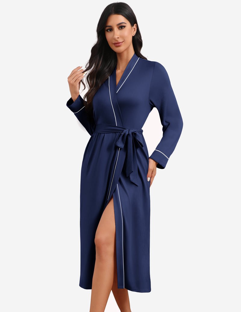Navy solid lightweight knit robe with tie belt, V-neck, long sleeves and side slit