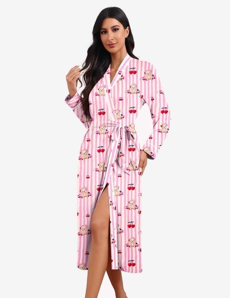 Lightweight teddy robe in pink stripe with teddy bear & bow prints, long sleeves, belt