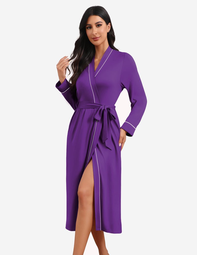 Lightweight purple bathrobe with tie waist, shawl collar, long sleeves, front slit, white trim