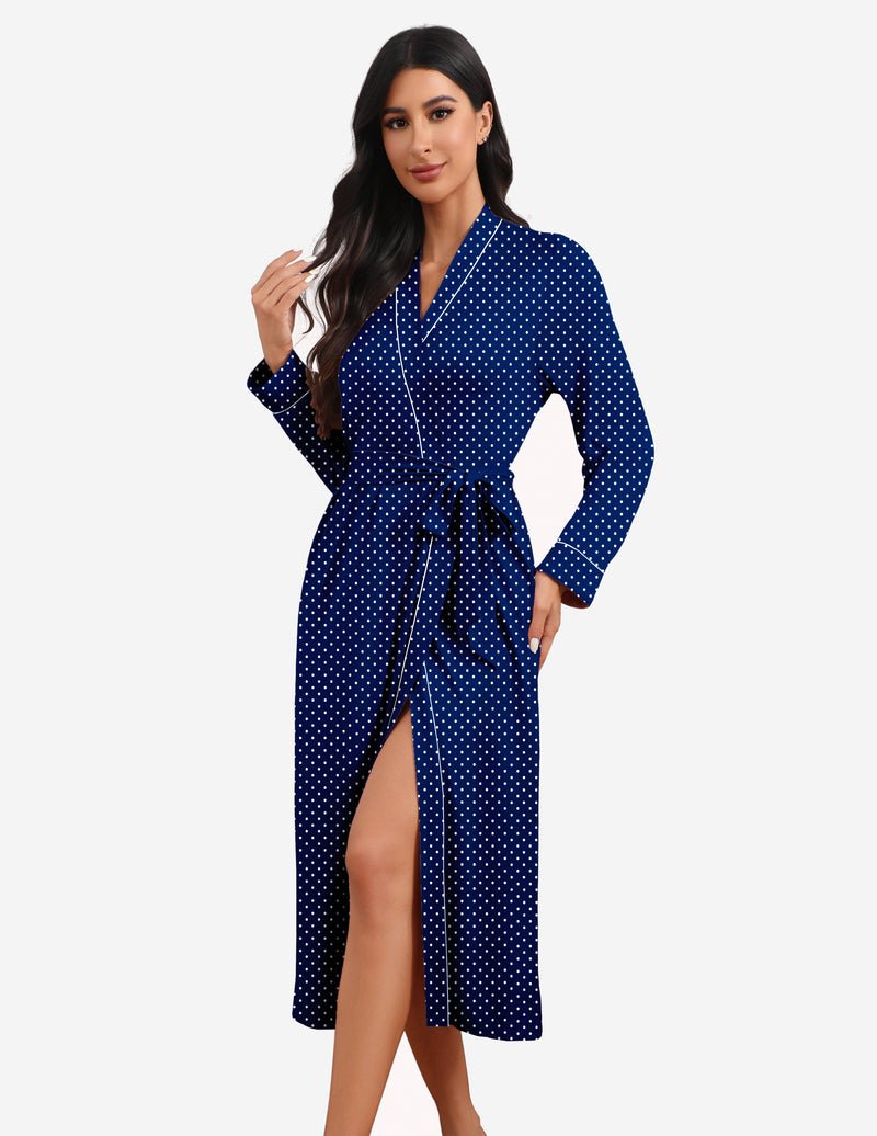 Navy polka-dot teddy knit robe with tie belt, V-neck, long sleeves and front slit
