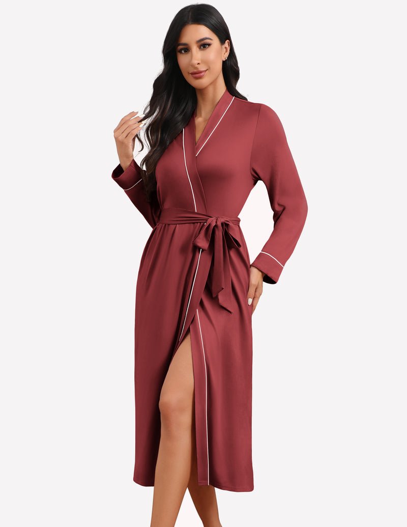 Wine red solid lightweight knit robe with tie belt, V-neck, long sleeves and front slit